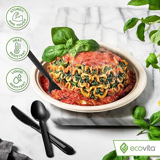 Ecovita 100% Compostable Forks Spoons Knives Cutlery Combo Set - 380 Large Disposable Utensils (7 in.) Eco Friendly Durable and Heat Resistant Alternative to Plastic Silverware with Convenient Tray