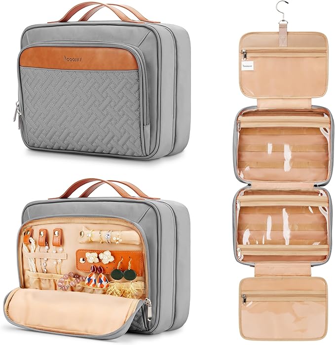 Travel Hanging Toiletry Bag for Women, with Jewelry Organizer Compartment, Medium Waterproof Hanging Makeup Accessories, Cosmetic Essentials, Toiletries Dopp Kit Set with Trolley Belt, Grey