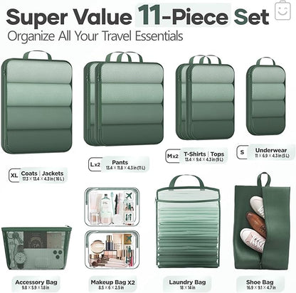 Veken 11 Set Compression Packing Cubes for Travel Essentials,Compressible Expandable Large Luggage Suitcase Organizer Bags for Clothing,Durable Space Saver Storage Bags with Toiletry Bags(Dark Green)
