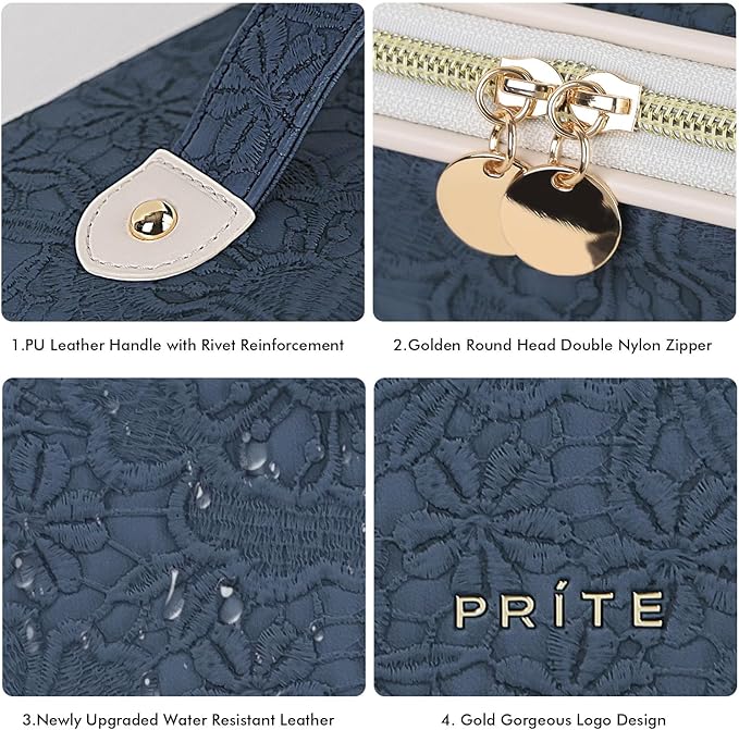 Prite Travel Cosmetic Bag Makeup Organizer Bag For Women Large Capacity Waterproof PU Leather Toiletry Bag with Handle and Clear Divider(Blue Flower)