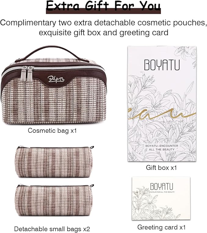 BOYATU Travel Makeup Bag for Women: Large Capacity Open Flat Make up Bag Set of 3 - Vegan Leather Cosmetic Bag with Compartments - Waterproof Toiletry Bag with Handle & Divider(I-5-Brown)