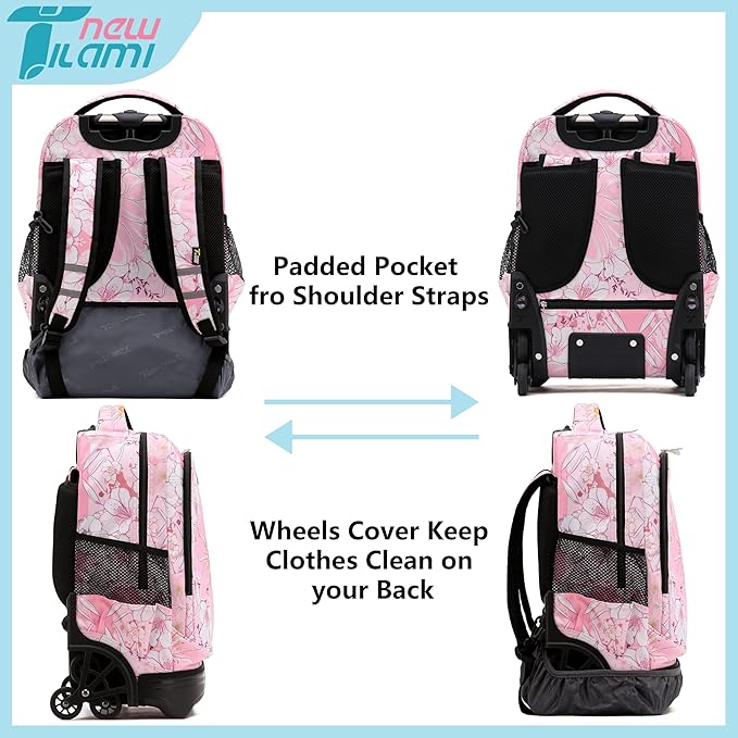 NEW TILAMI 18 Inch Rolling Backpack with Wheels for Girls Boys Kids Laptop Backpack School Travel, Pink Flowers