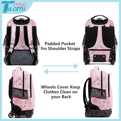 NEW TILAMI 18 Inch Rolling Backpack with Wheels for Girls Boys Kids Laptop Backpack School Travel, Pink Flowers