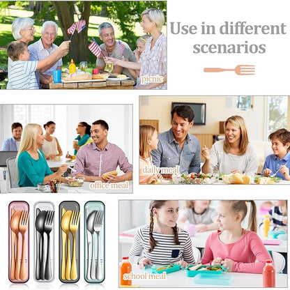 Yinkin 4 Pack Portable Travel Utensils Set with Case Reusable Stainless Steel Silverware Flatware Camping Cutlery Include Fork Spoon Knife for Work School Dishwasher Safe(Clear Series)