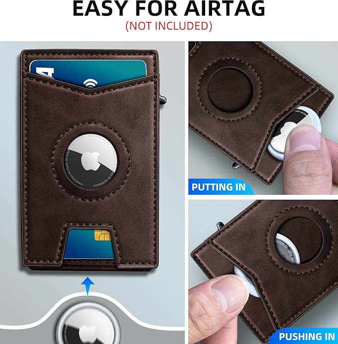 Airtag Wallet for Men,with Money Clip Gift Boxed,Slim Front Pocket Wallet RFID Blocking Metal Case Smart Pop-up Credit Card Holder in Magnetic Leather Flip