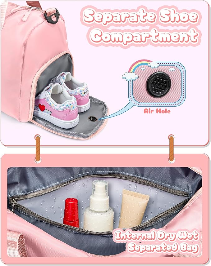 Girls Cheer Up Gifts-Girl Gym Bag with Shoe Compartment, Kid Personalized Weekender Overnight Bags, Initial Travel Tote with Makeup Pouch, Graduation Gift for Niece Kids Daughter (Letter K)