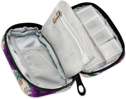 Beige Bees and Colorful Flowers Travel Pill Organizer Case Box Container Weekly Portable Vitamin Medicine Holder Storage Bag with Zipper Removable