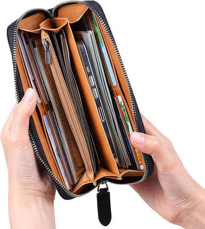 VISOUL Leather Long Zippered Pouch Wallet for Men with RFID Blocking Two-tone, Large Carbon Fiber Leather Clutch Cash Long Wallet with Zipper (Black+Tan)