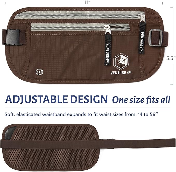 VENTURE 4TH Slim Minimalist Design RFID Money Belt with RFID Blocking Sleeves, for Men and Women – Ideal for Keeping Your Cash, Credit Card, Passport, Phone Secure When Traveling - Brown