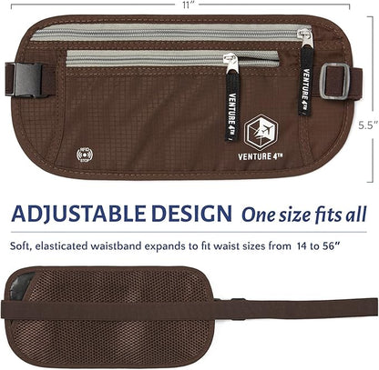 VENTURE 4TH Slim Minimalist Design RFID Money Belt with RFID Blocking Sleeves, for Men and Women – Ideal for Keeping Your Cash, Credit Card, Passport, Phone Secure When Traveling - Brown