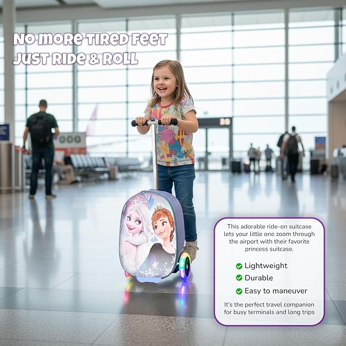 Disney Frozen Princess Suitcase Scooter for Kids - Girls Scooter Luggage with Light Up Wheels, Easy Steer and Foldable Carry On Kick Scooter for Toddler, Boys, Girls, Great Travel Gift Idea