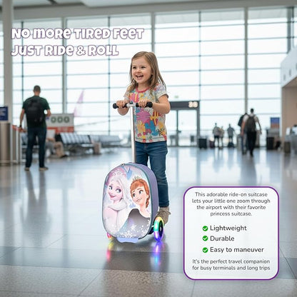 Disney Frozen Princess Suitcase Scooter for Kids - Girls Scooter Luggage with Light Up Wheels, Easy Steer and Foldable Carry On Kick Scooter for Toddler, Boys, Girls, Great Travel Gift Idea