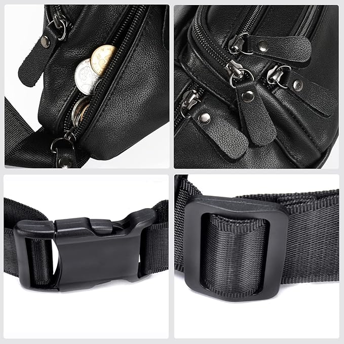 Black Leather Fanny Pack for Men & Women, Fashionable Multi-Pockets Waist Belt Bag for Travel Sports Hiking Cycling Fishing Running