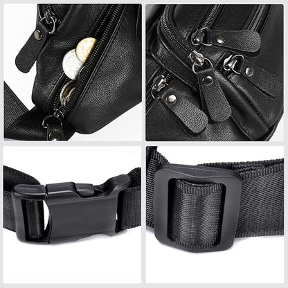 Black Leather Fanny Pack for Men & Women, Fashionable Multi-Pockets Waist Belt Bag for Travel Sports Hiking Cycling Fishing Running