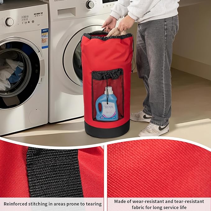 Laundry Bag Backpack with Shoulder Straps and Mesh Pocket Foldable Clothes Hamper Bag with Drawstring Closure for College, Apartment, Laundromat (Red)