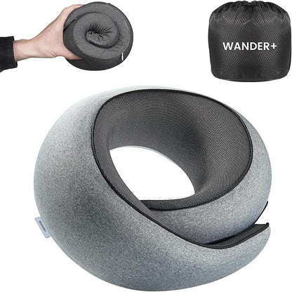 WANDER PLUS® Travel Neck Pillow, Pure Memory Foam Neck Pillow for Airplanes, Comfortable Breathable Cover, 360 Degree Support Ergonomic Design Best for Sleeping Plane Train Travel Essentials Max Grey
