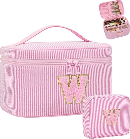 Personalized Initial Makeup Bag for Women,Make Up Case for Girlfriend Bridesmaid Wife,Maid Matron of Honor Gift, Bride to be Gifts,Bachelorette Party Favors,Birthday Gift for Her Pink W
