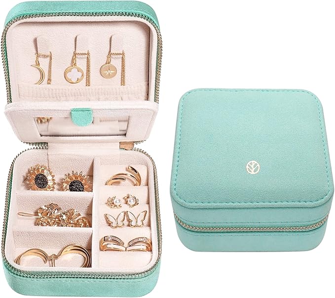 S.Leaf Travel Jewelry Organizer Boxes for Women Small Portable Necklace Earrings Bracelet Rings Travel Case Best Friend Birthday Gifts for Women Trendy (07_Suede_Touch_Mint_Green)