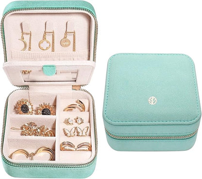 S.Leaf Travel Jewelry Organizer Boxes for Women Small Portable Necklace Earrings Bracelet Rings Travel Case Best Friend Birthday Gifts for Women Trendy (07_Suede_Touch_Mint_Green)