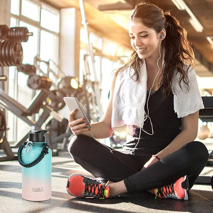 HASLE OUTFITTERS Half Gallon Insulated Water Bottles 64 oz, Stainless Steel Metal Water Jug with 2 Lids Keep Cold 48h/Hot 24h, Leak Proof & BPA-Free Water Flask Jug(Pink Blue Gradient,1)