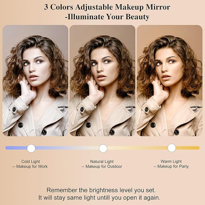 SJD Travel Makeup Bag with LED Mirror, Portable Cosmetic Case Organizer with Lighted Mirror, Waterproof Makeup Case for Cosmetic Brush Holder Storage, Black Toiletry Bag for Women Gift