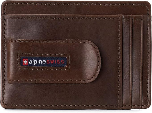 Alpine Swiss RFID Dermot Money Clip Front Pocket Wallet For Men Leather Hampton Collection Glossy Nappa Brown