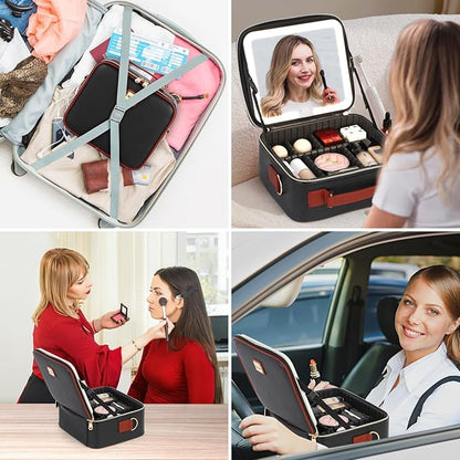 Travel Makeup Bag with Led Mirror Make up Case with Lighted Mirror Cosmetic Organizer bag with Adjustable Dividers and 5X Magnifying Mirror Makeup Box Vanity Case for Women