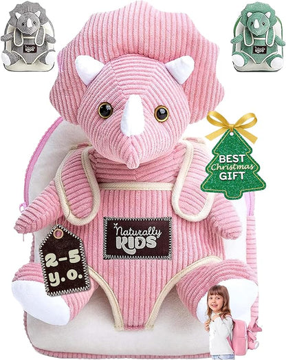 Naturally KIDS Pink Triceratops Toy, Triceratops Stuffed Animal for 2 3 4 5 Year Old Girl, Stuffed Dinosaur for Girls, Pink Toddler Backpack
