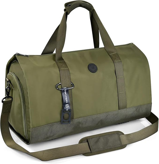 travel inspira Convertible Garment Bag 2 in 1 Carry On Garment Duffle Weekender 45L with Extended Shoe Compartment, Waterproof Nylon, Hanging Hook for Travel Business Men, Army Green