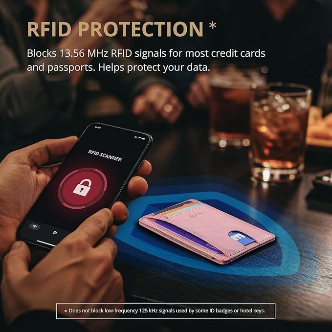 Buffway Slim Minimalist Front Pocket RFID Blocking Leather Wallets for Men and Women - Alaska Pink