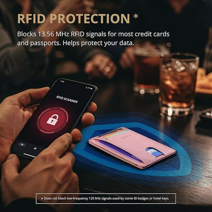 Buffway Slim Minimalist Front Pocket RFID Blocking Leather Wallets for Men and Women - Alaska Pink