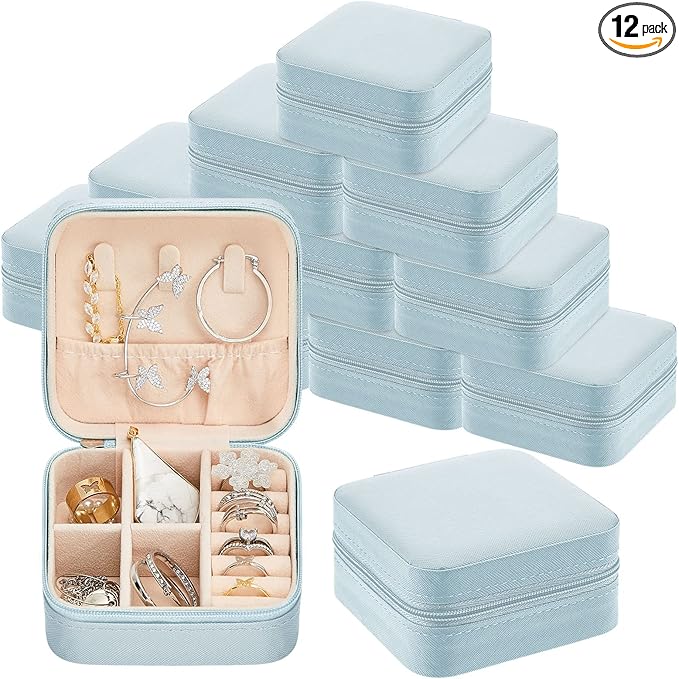 Taiyin 12 Pcs Travel Jewelry Case Box Bridesmaid Gifts Bulk Travel Jewelry Cases Boxes Small Jewels Organizers Mini Accessories Ornaments Storage for Women Girls Wedding Gifts (Light Blue)