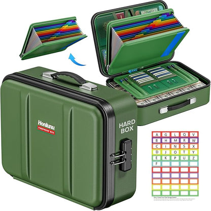 Fireproof Document Box, Hard Case Fireproof Document Organizer with Lock, Water Resistant Safe Box for Important Documents Certificates Laptop Passports, Green