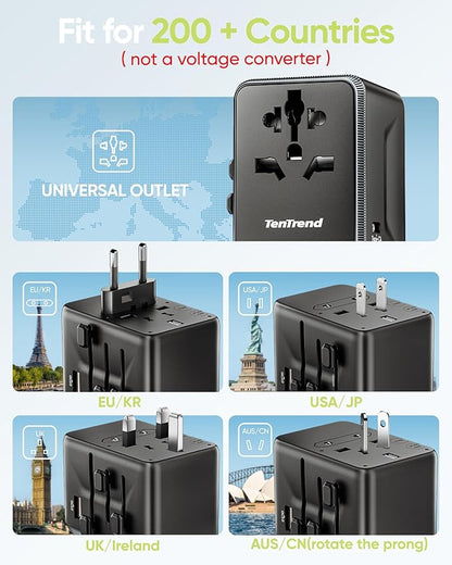 Universal Travel Adapter, 45W International Power Adapter with 4 USB-C & 1 USB-A Ports, European Travel Plug Adapter, Worldwide Travel Essentials for EU UK AUS USA