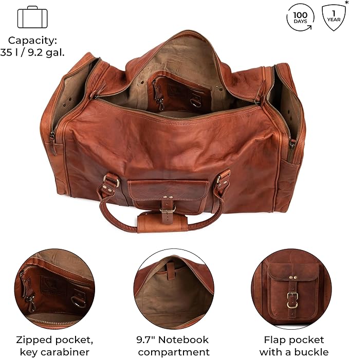 Berliner Bags Vintage Genuine Leather Duffle Bag New York L for Travel or the Gym, Weekender, Travel Bag, Overnight Bag for Men and Women - Brown