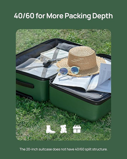 NINETYGO Carry On Suitcase, 20 Inch Carry-On Luggage with Double Spinner Wheels, Anti-Burst Zipper, Hard Case PC Suitcase Carry On, Lightweight Travel Luggage, TSA Approved (Seaweed Green, Hudson)