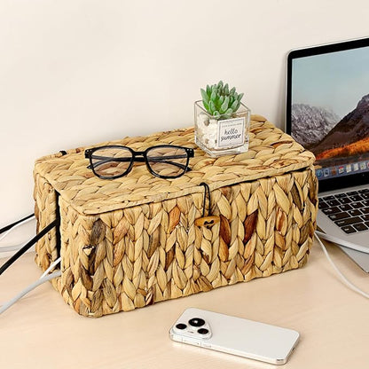 BTSKY Woven Cable Management Box with Lid, Water Hyacinth Cord Organizer for Desk, Cable Organizer Box with 2-Open Slots to Hide Power Strips USB Hubs for Home & Office, Pet Proofing Cord Basket, L