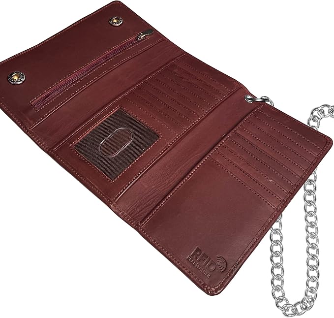 IBRO VINTAGE Motorcycle Chain Wallet for Men – Premium Cowhide Leather, RFID Tri-Fold Biker Wallet with Heavy Duty Chain for Bikers Truckers & Hunters, Credit Card Money Organizer Long Wallet