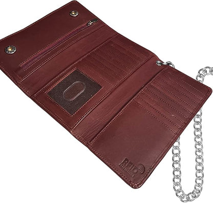 IBRO VINTAGE Motorcycle Chain Wallet for Men – Premium Cowhide Leather, RFID Tri-Fold Biker Wallet with Heavy Duty Chain for Bikers Truckers & Hunters, Credit Card Money Organizer Long Wallet