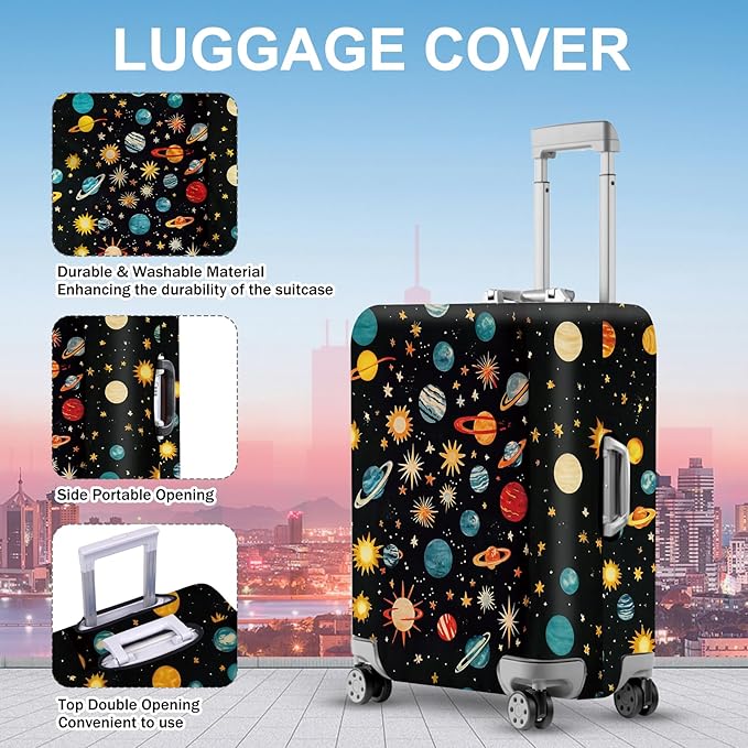 ANNA QUEEN Space Exploration Luggage Cover, Colorful Planets & Stars Design, Stretchable, Washable Travel Protector for 20-34 Inch Suitcases