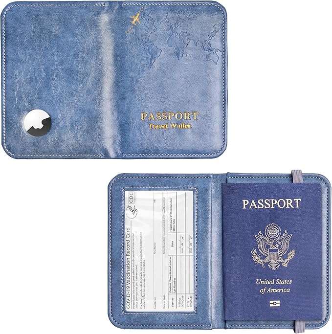 QIELIZI Passport Holder with Airtag Slot, Airtag Passport Wallet for Men Women, Slim Leather Passport Holder Case Family for Travel Anti-Lost(1-Grey Blue)