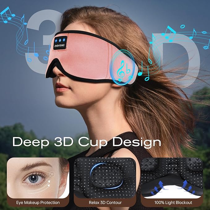 3D Sleep Mask with Bluetooth Headphones, Sleeping Headphones for Side Sleepers, Wireless Music Eye Mask with Ultra-Thin Stereo Speakers for Men, Women, Tech Gifts, Pink