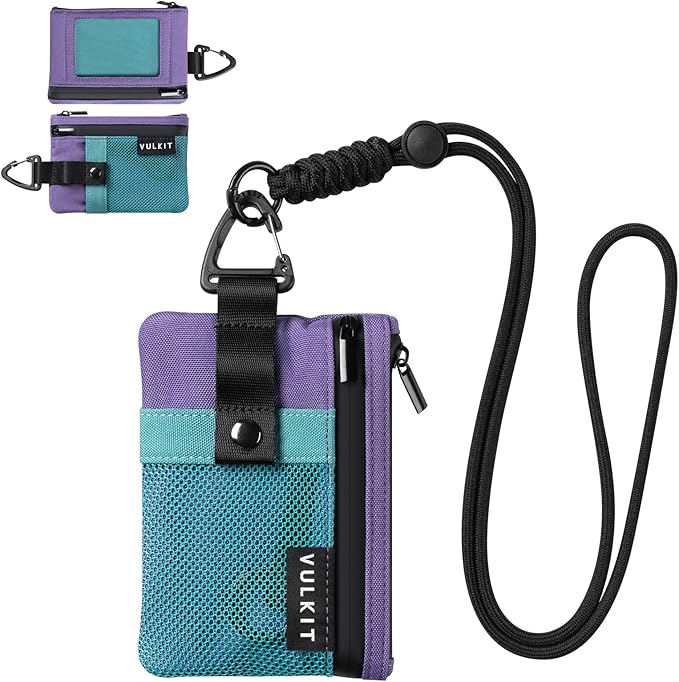VULKIT Small RFID Wallet for Women & Men – Minimalist Zipper Wallet with ID Window, Keychain & Carabiner, Holds 15 Cards, Water Resistant Travel Lanyard Wallet AauaGreen Purple