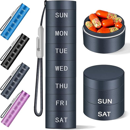 Aluminium Travel Pill Organizer,Weekly Metal Pill Case,Pill Holder, Moisture Proof Waterproof Daily Pill Box 7 Day, Large Pill Container to Hold Vitamins,Medication,Supplements 【Navy Blue Knurling】