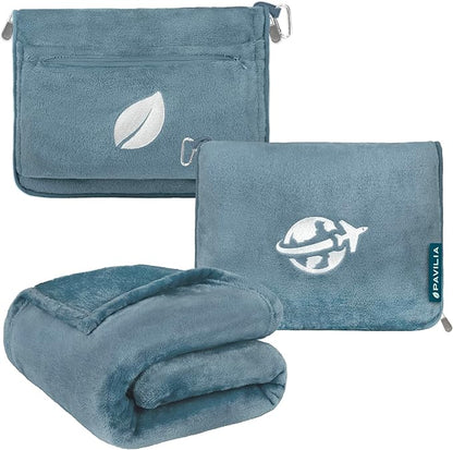 PAVILIA Travel Blanket and Pillow, Arms Opening Airplane Blankets for Adults, Compact Plane Blanket with Arm Hole 2-in-1 Bag for Flight Car Camping Fit in Luggage Backpack Traveler Gift, Blue