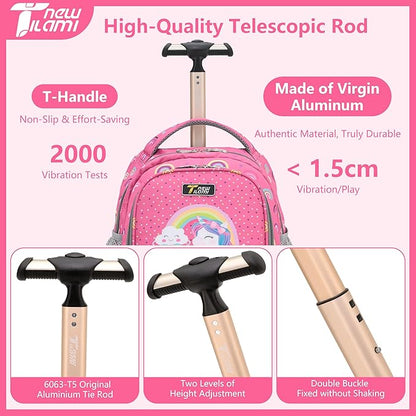 NEW TILAMI 16 Inches Rolling Backpack for Kids Adjustable Laptop Luggage with Wheels for Girl Boy School Travel Camping Boys Rolling Backpack Rainbow Unicorn