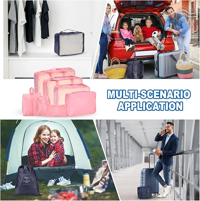 uxcell 7Set Travel Packing Cube, Travel Bags Organizer Luggage Organizer Bags Lightweight Compression Cube Travel Essentials with Shoe Bag for Outdoor Carry on Suitcases, Pink