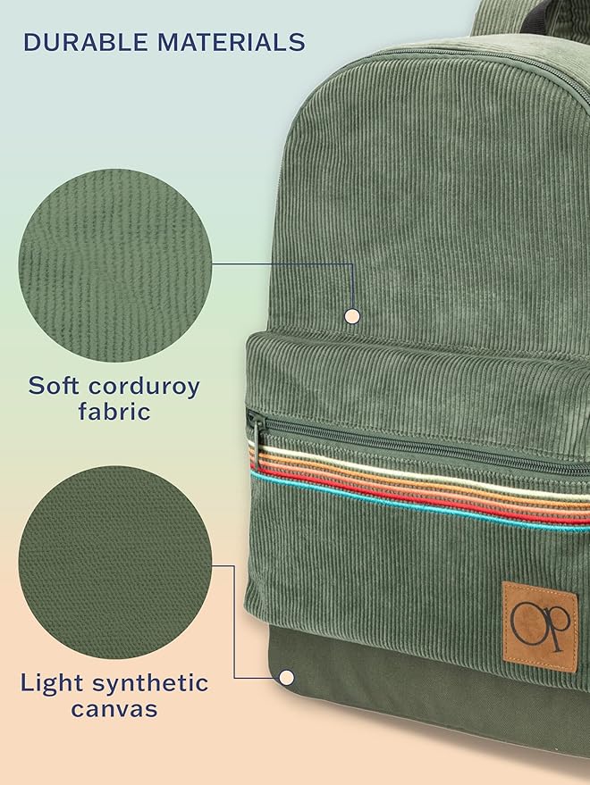 Ocean Pacific OG Corduroy Backpack for Travel, Sports, Beach, Work, Casual Daypack for Men Women Fits 15.6 Inch Laptop (Olive)