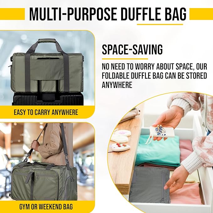 LEGEND 60L Foldable Duffle Bag for Travel - Packable Duffle Bags w/Shoe Compartment - Tear Resistant Collapsible Duffel Bags for Traveling - Lightweight Folding Duffel Bag for Men & Women -Army Green