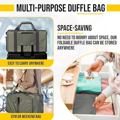 LEGEND 60L Foldable Duffle Bag for Travel - Packable Duffle Bags w/Shoe Compartment - Tear Resistant Collapsible Duffel Bags for Traveling - Lightweight Folding Duffel Bag for Men & Women -Army Green